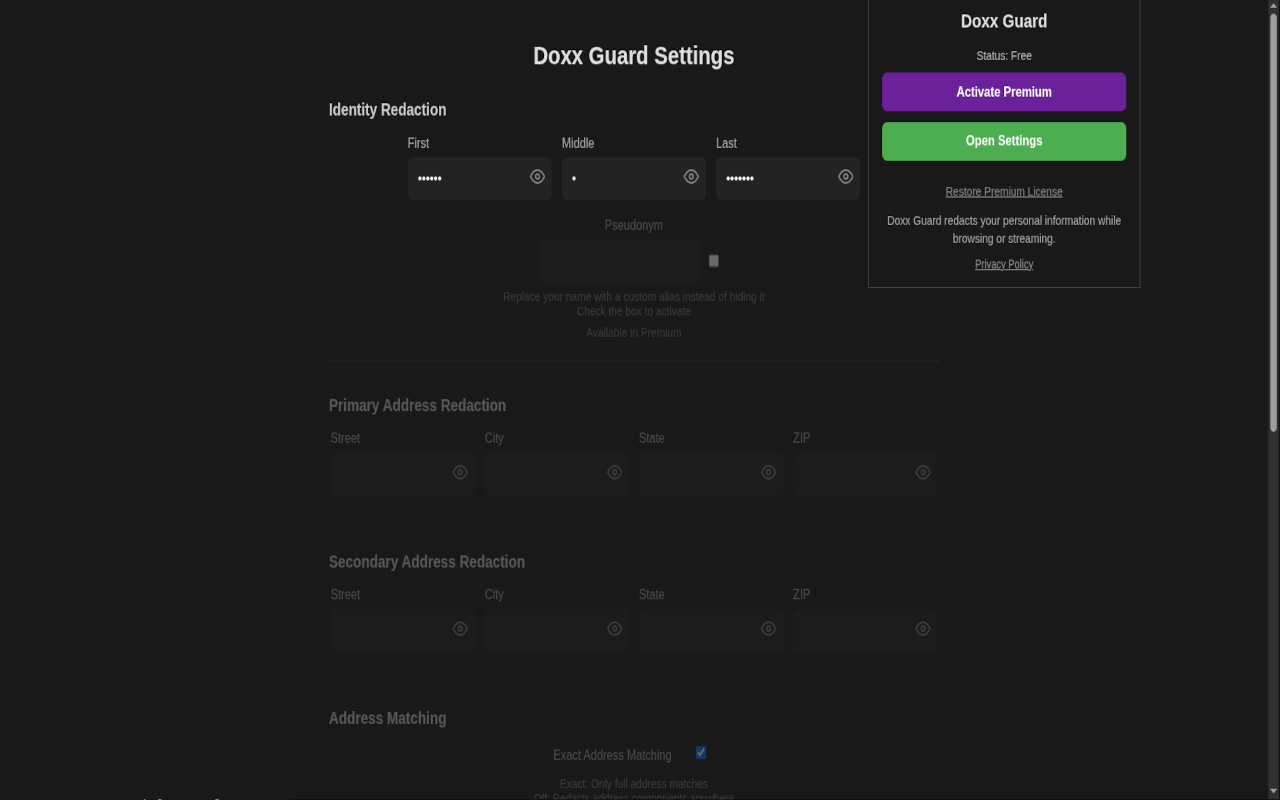 Doxx Guard Settings Screenshot